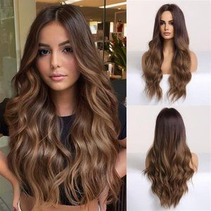 Brown Wig for Women Long Curly Wig with Middle Part